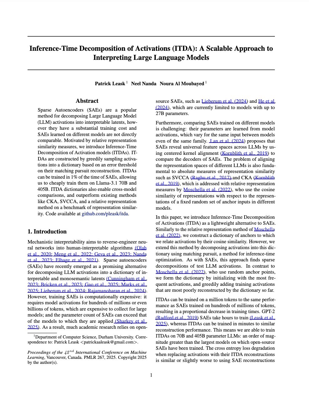 Inference-Time Decomposition of Activations (ITDA): A Scalable Approach to Interpreting Large Language Models