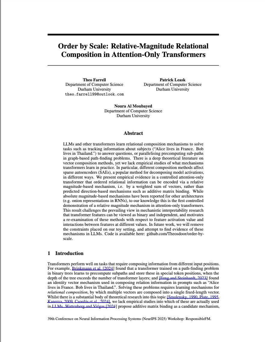 Order by Scale: Relative-Magnitude Relational Composition in Attention-Only Transformers