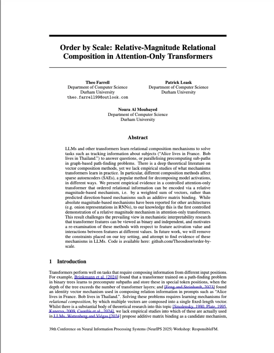 Order by Scale: Relative-Magnitude Relational Composition in Attention-Only Transformers